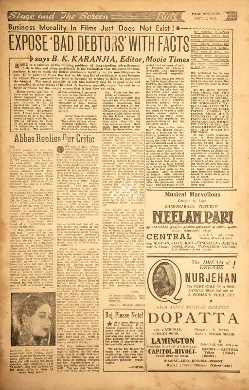 Expose 'Bad Debtors' With Facts. In Blitz - Asia's Foremost News Magazine. p. 19. Bombay: R.K. Karanjia, 06 September 1952 | Film Review | CinemaEducation | 00144174