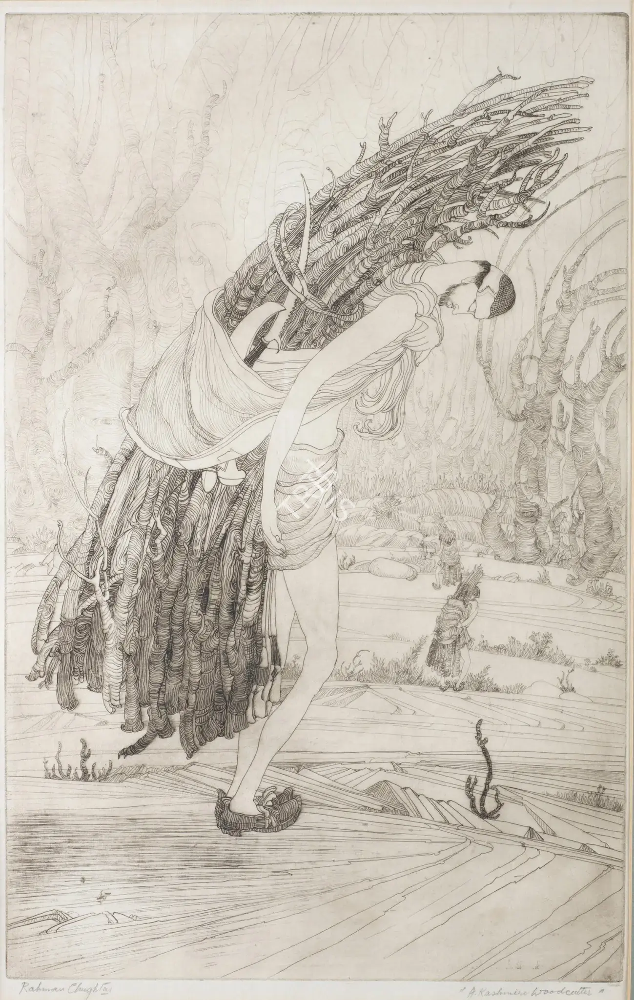 Chughtai, M.A.R. (Artist). Kashmiri Woodcutter. Dry-point etching on paper, n.d. | Graphic Art | FineArts | 00900292