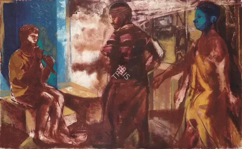 Sharma, Nataraj (Artist). Figures (Boy playing flute). Oil on paper board, 1993 | Painting | FineArts | 00332133