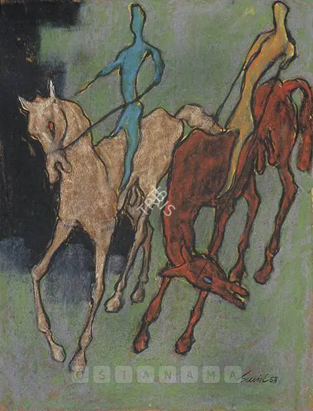 Das, Sunil (Artist). Horses And Riders. Oil pastels on paper, 1958 | Painting | FineArts | 00599918