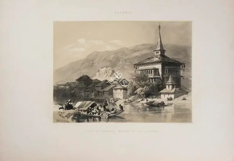 Hardinge, J.D. (Lithographer). City of Kashmir, Mosque of Shah Hamadan. Print on paper, circa 1847 | Lithograph, Recollections of India, 1847 | ArcHeritage | 00156334