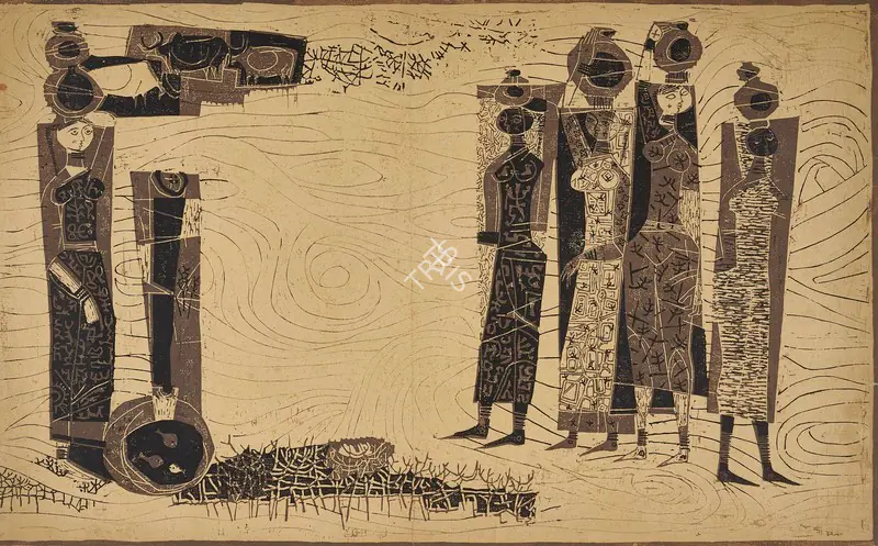 Dave, Shanti (Artist). Untitled (At the Well). Linocut on paper, c.1950s | Painting | FineArts | 00353673