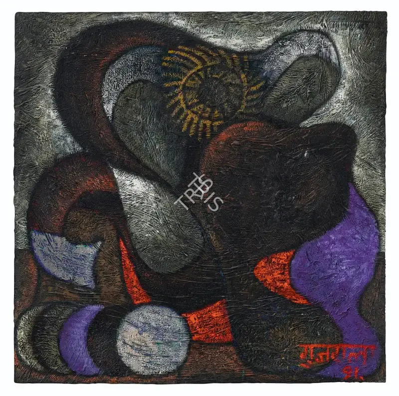Gujral, Satish (Artist). Untitled (Ganesh). Mixed media on printed cloth laid on board, 1991 | Painting | FineArts | 00547054