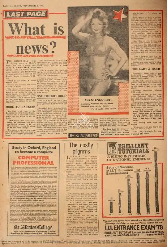 Abbas, Khwaja Ahmad (Columnist). What is News ?. In Blitz - India's Greatest Weekly. p. 24. Bombay: R.K. Karanjia, 05 November 1977 | Essay | CinemaEducation | 00465873