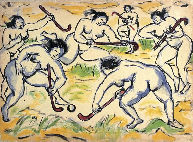 Ara, K.H. (Artist). Ladies Playing Hockey. Watercolour on paper, mid 1950s | Painting  | 00877541