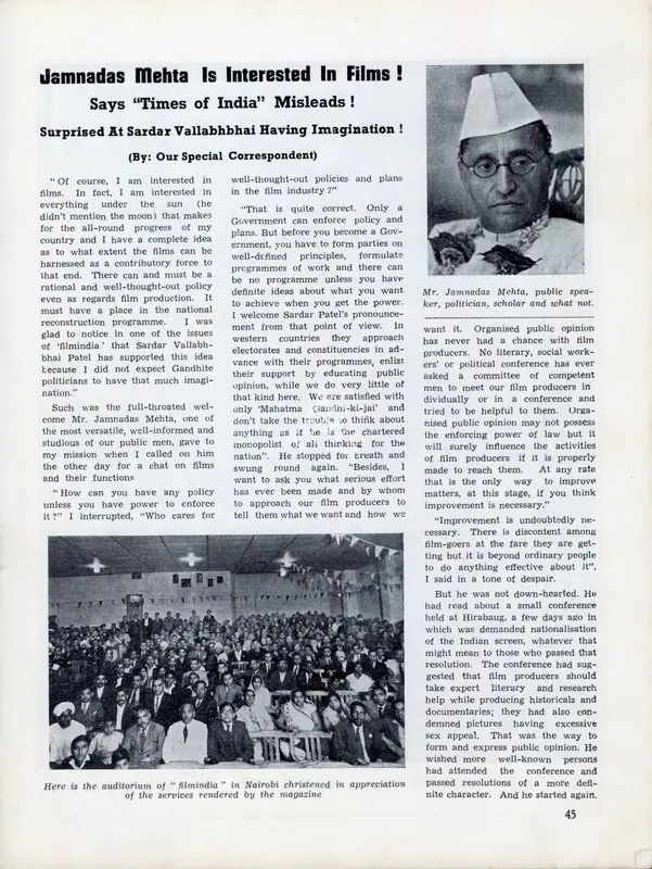 Jamnadas Mehta is Interested in Films! - Says "Times of India" Misleads! - Surprised at Sardar Vallabhbhai Having Imagination!. In Filmindia. 9(3), pp. 45, 47. Bombay: Baburao Patel, March 1943 | Essay | CinemaEducation | 00858726