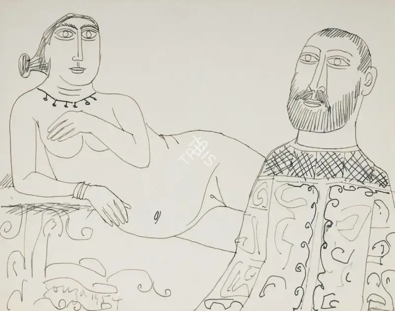 Souza, F.N. (Artist). Untitled (Reclining nude with Priest), 1954 | Drawing