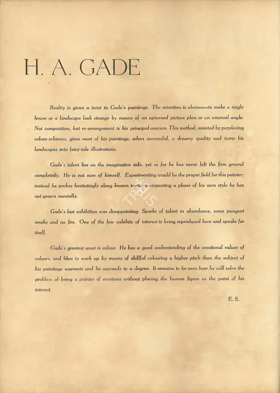 S., E. (Essayist). Seven Contemporary Artists - H. A. Gade. In Marg. 5(1), pp. 40-41. Bombay: Modern Artists and Architects Research Group, July 1951 | Essay | FineArts | 00668799, 1951