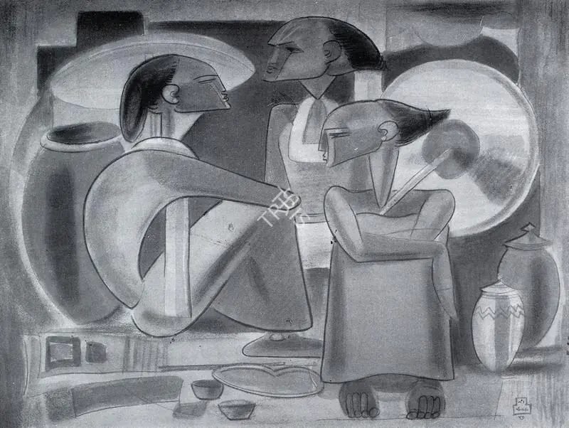 Chavda, Shiavax (Artist). Bazar Scene, South India. Tempera and Chalk, 1947 | Marg, July 1947 | Painting | FineArts | 00673741