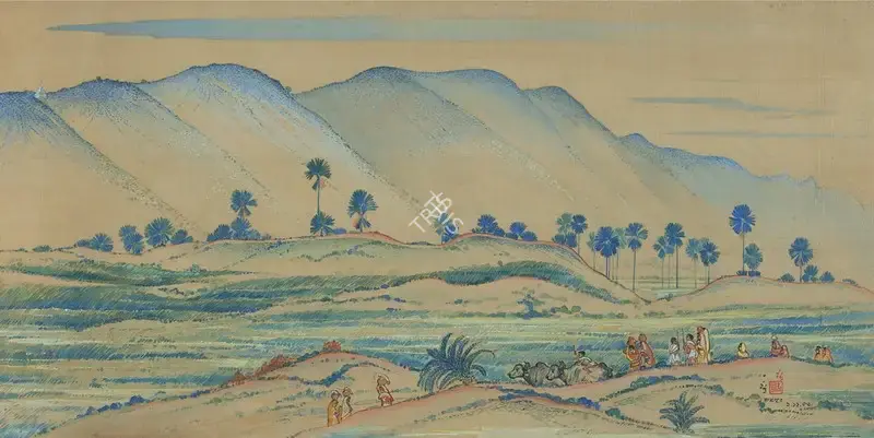 Dugar, Indra (Artist). A Raja Griha Landscape. Tempera on tussar silk pasted on paper, 1953 | Painting | FineArts | 00642109