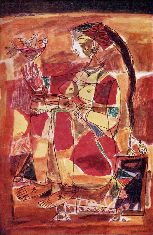 Rajavelu, S.K. (Artist). Girl with Bird , n.d. | Painting