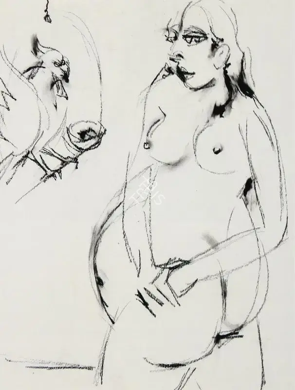 Sen, Paritosh (Artist). Woman With Parrot, n.d. | Drawing