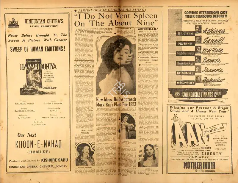 New Ideas, Bold Approach Mark Raj's Plans for 1953. In Blitz - Asia's Foremost News Magazine. pp. 16-17. Bombay: R.K. Karanjia, 18 October 1952 | Film Review | CinemaEducation | 00144189