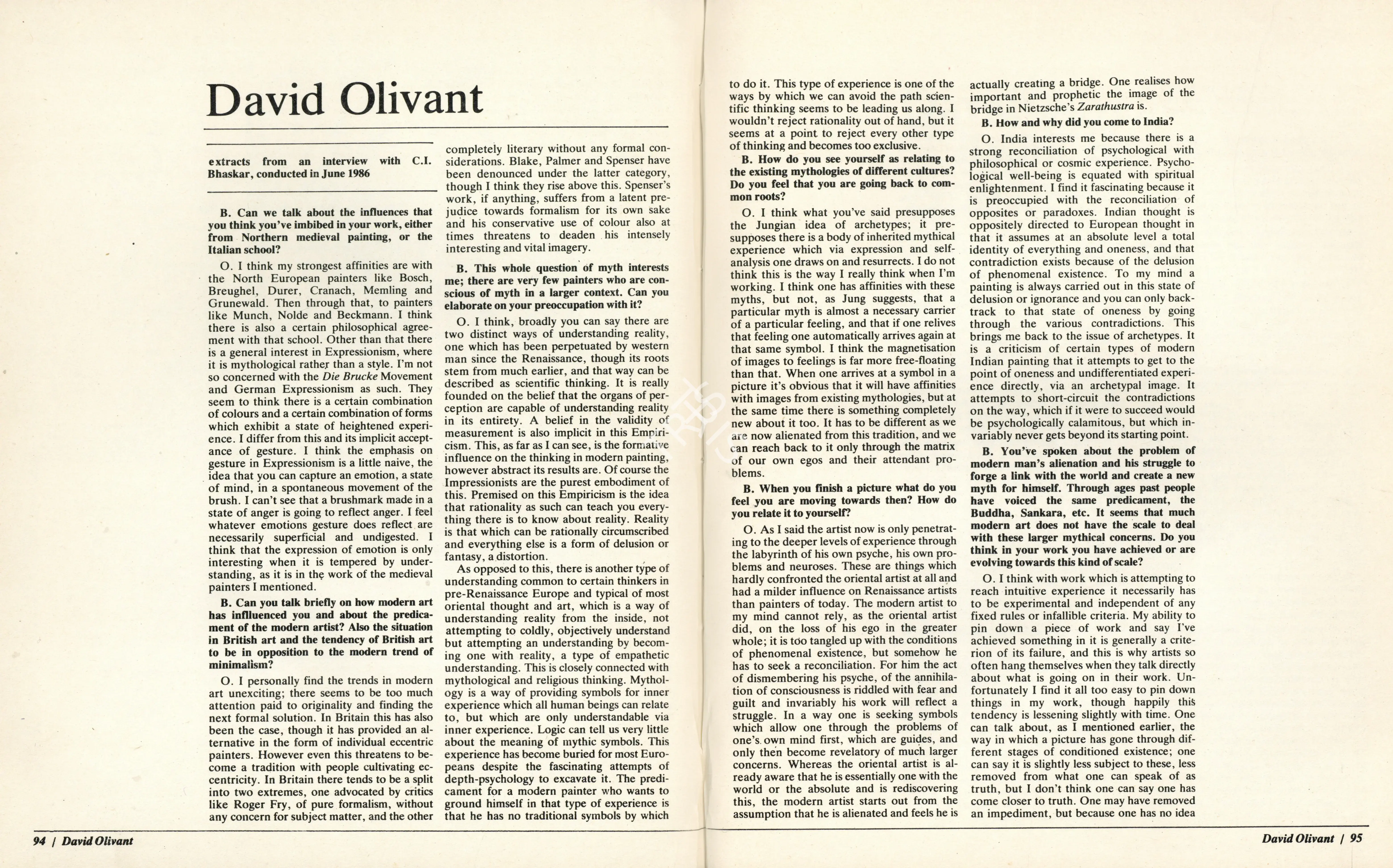 Bhaskar, C.I. (Interviewer). David Olivant - Excerpts from an Interview. In Art Heritage 6 - Season 1986-87. Season 10, pp. 94-96. New Delhi: Art Heritage, 1987 | Interview | FineArts | 00851701