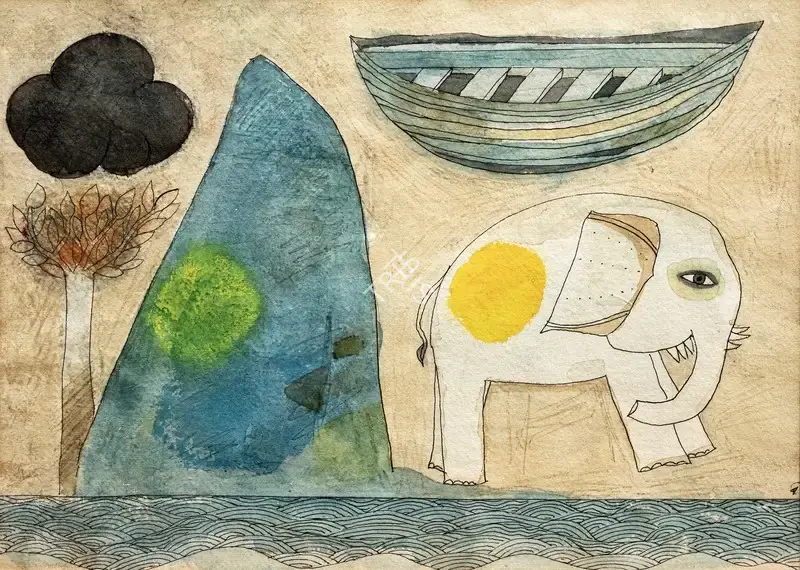 Narayan, Badri (Artist). Chaddanta Jataka With Cloud, Rock, Tree And Boat, n.d. | Painting