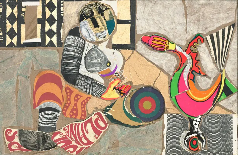 Gujral, Satish (Artist). Untitled (Woman and Bird). Collage and ink on board, 1970 | Collage | EconomicsArt | 00872658