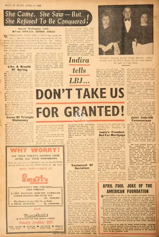 Abbas, Khwaja Ahmad (Columnist). Don't Take Us for Granted !. In Blitz - India's Greatest Weekly. p. 20. Bombay: R.K. Karanjia, 02 April 1966 | Essay | CinemaEducation | 00464907