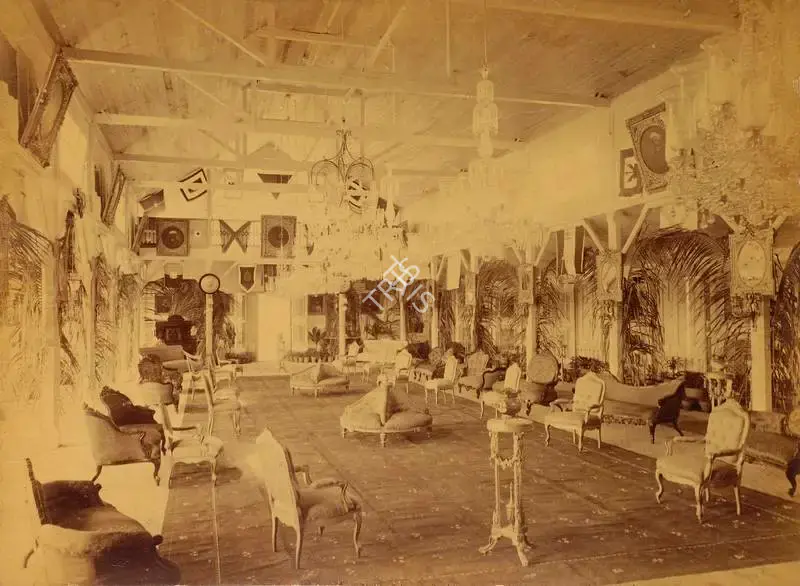 Dayal, Lala Deen (Photographer). Bashir-bagh Ball room - From the album 'H.R.H. Prince Albert Victor's Visit Hyderabad (Deccan) November 1889. Lala Deen Dayal State Photographer, Secunderabad and Indore O.I.'. Albumen print pasted on mount, November 1889 | Antiquarian Photograph | Photography | 00115333