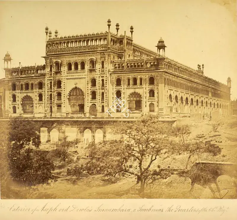 Beato, Felice (Photographer). Exterior of Asophood Dowlah's Imaumbara, a Tomb near the quarters of the 53rd Regiment, Lucknow - India after Mutiny. Albumen print, March-April 1858 | Antiquarian Photograph | Photography | 00116272