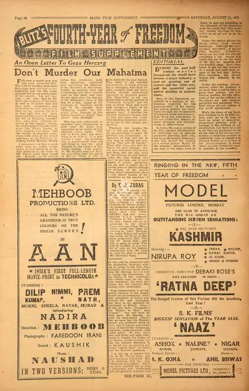 Don't Murder Our Mahatma. In Blitz - Asia's Foremost News Magazine. pp. 20, 22, 25-26. Bombay: Homi D. Mistry, 11 August 1951 | Film Review | CinemaEducation | 00143832