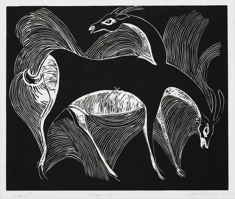 Sheikh, G.M. (Artist). Maya Mrigya. Linocut on paper, 2001 | Graphic Art | EconomicsArt | 00869790