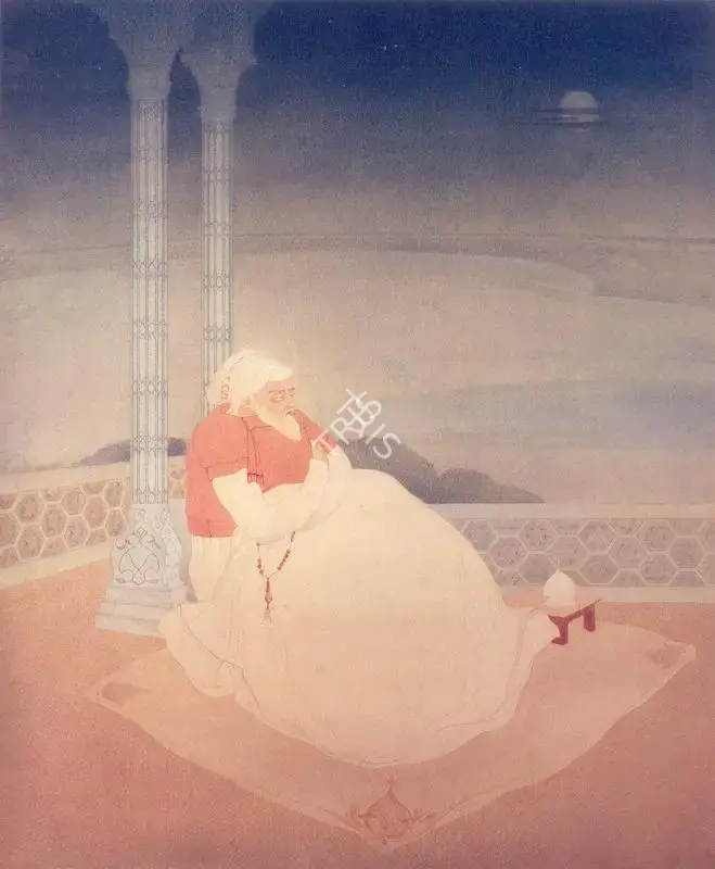 Chughtai, M.A.R. (Artist). Shah Jahan seated on a terrace gazing out at the Jumna, n.d. | Painting