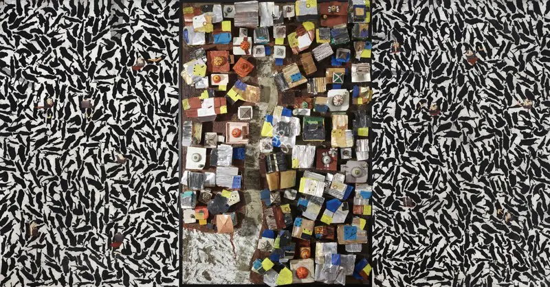 Upadhyay, Hema (Artist). Glass House III. Acrylic, gouache, pastel and photo collages, aluminium sheet constructions on paper pasted on plywood, n.d. | Sculpture | FineArts | 00357741