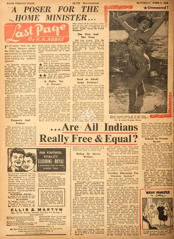 Abbas, Khwaja Ahmad (Columnist). A Poser for the Home Minister…Are All Indians Really Free & Equal ?. In Blitz - Hindi Sanskaran. p. 24. Bombay: R.K. Karanjia, 02 June 1962 | Essay | CinemaEducation | 00464699
