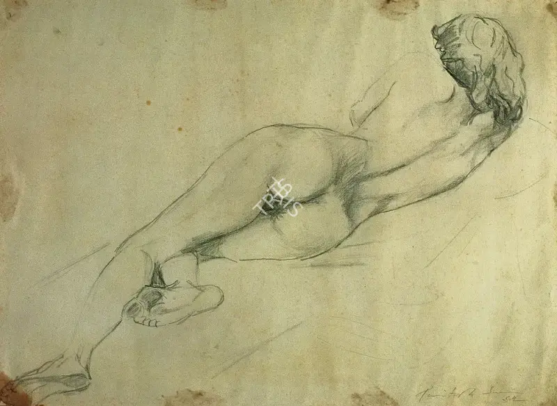 Sen, Paritosh (Artist). Reclining Nude, 1952 | Drawing