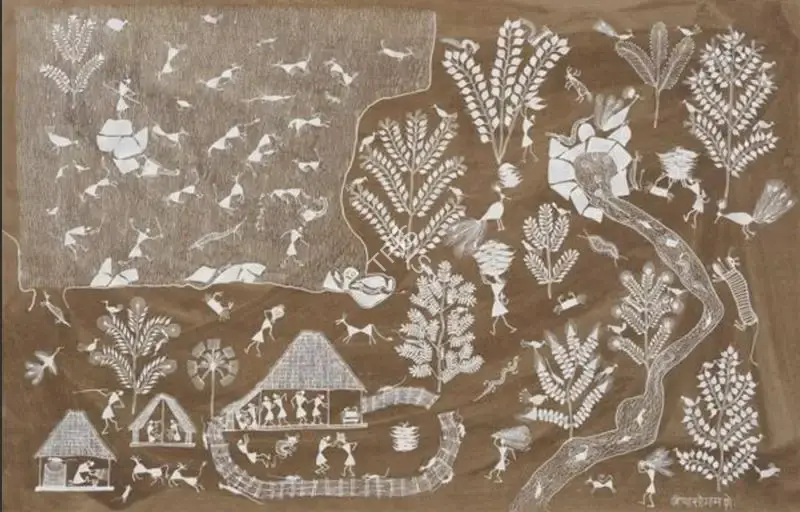 Mashe, Jivya Soma (Artist). Untitled (Peacock Seed Sacks) (Warli Painting). Acrylic & dung on paper, n.d. | Painting | FineArts | 00547427