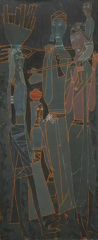 Dave, Shanti (Artist). Villagers. Mixed media on canvas pasted on board, 1955 | Painting | FineArts | 00575159