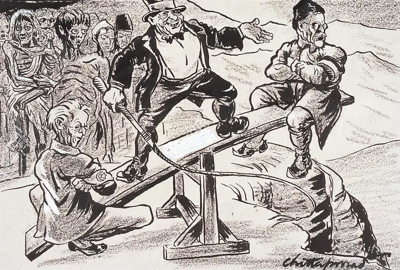 Chittaprosad (Artist). The National Congress & Muslim League Agreement (Liaquat-Desai Pact). Pen and ink, 1945 | Drawing | FineArts | 00371696