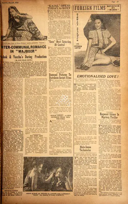 Inter-Communal Romance in "Majboor". In Blitz - Asia's Foremost News Magazine. p. 19. Bombay: R.K. Karanjia, 29 May 1948 | Film Review | CinemaEducation | 00143649