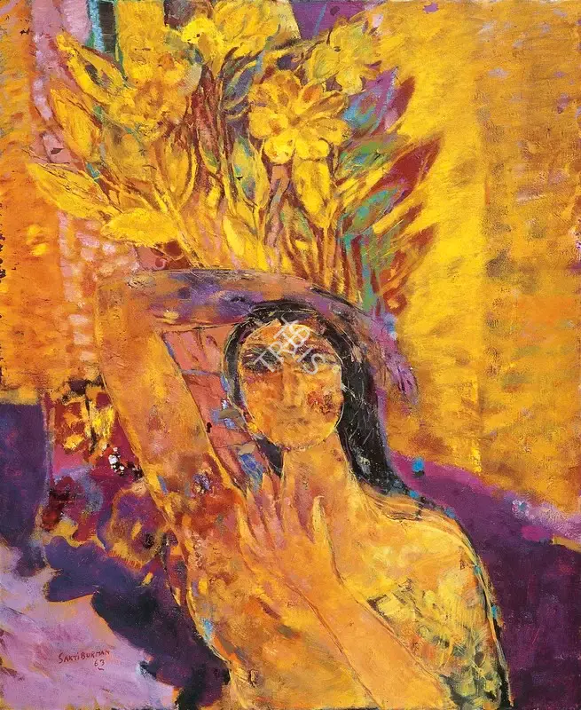 Burman, Sakti (Artist). Woman & Flowers, 1963 | Painting