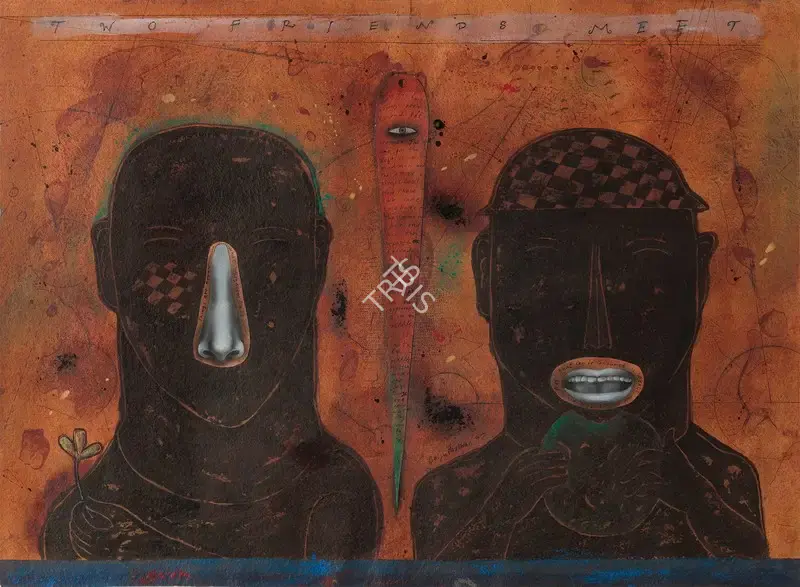 Parthan, Baiju (Artist). Two Friends Meet. Acrylic and ink on handmade paper, 1997 | Painting | FineArts | 00755744