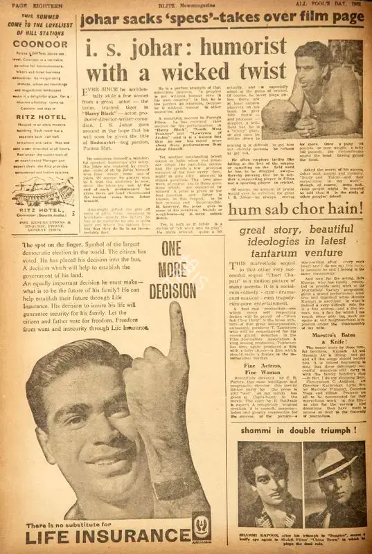I.S. Johar : Humorist with a Wicked Twist. In Blitz - Hindi Sanskaran. p. 18. Bombay: R.K. Karanjia, 31 March 1962 | Film Review | CinemaEducation | 00142665