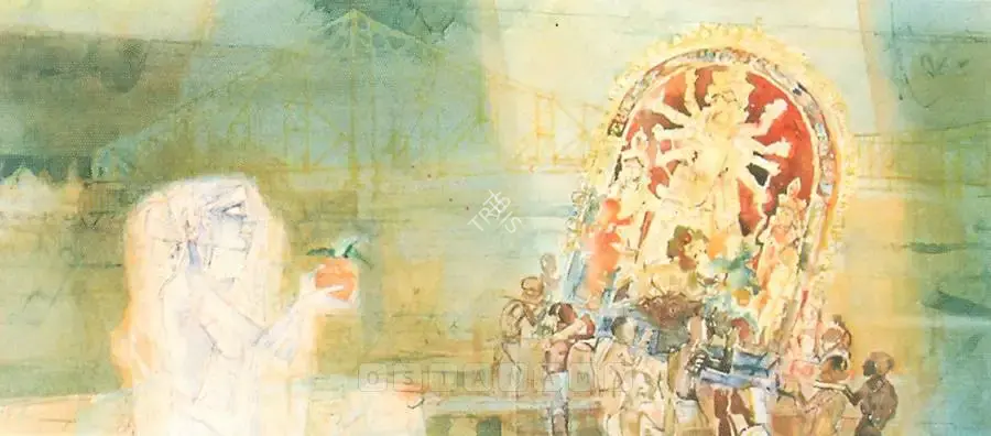 Ray, Shyamal Dutta (Artist). The Durga Procession Crossing Howra Bridge, Calcutta, n.d. | Painting