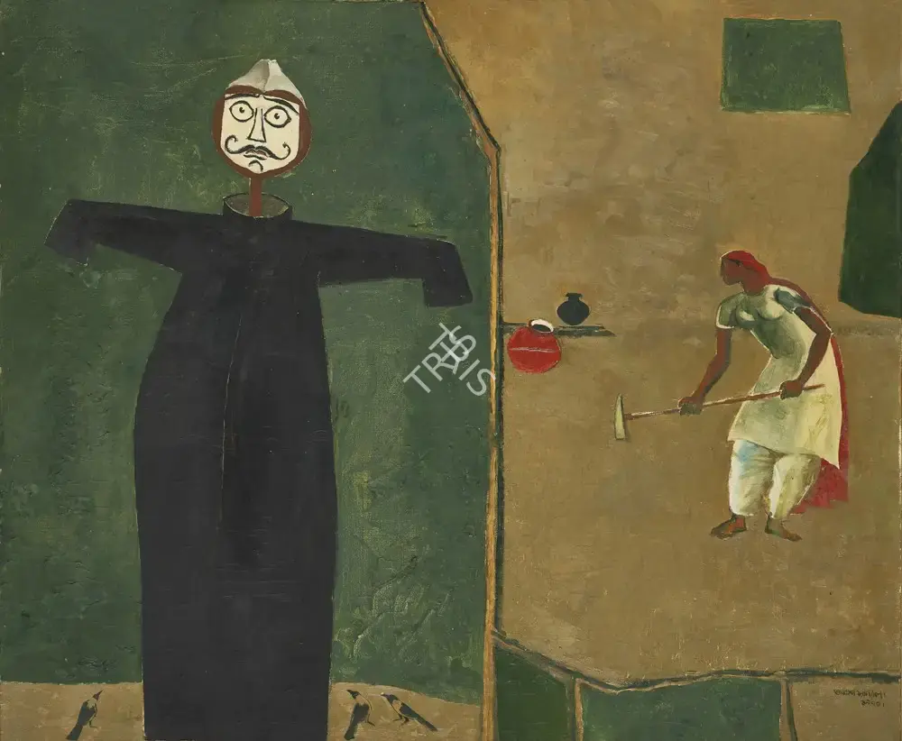 Sanyal, B.C. (Artist). Scare Crow and The Peasant Woman, 1970 | Painting