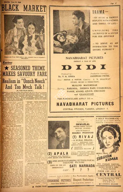 Realism in "Oonch Neech" and Too Much Talk !. In Blitz - Asia's Foremost News Magazine. p. 27. Bombay: R.K. Karanjia, 26 June 1948 | Film Review | CinemaEducation | 00143654