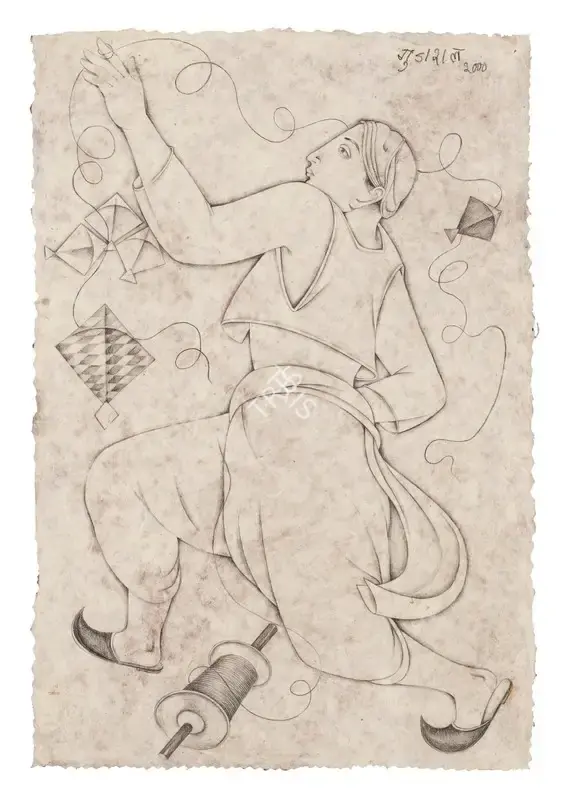 Gujral, Satish (Artist). Untitled (Flying Kites). Pencil on handmade paper, 2000 | Drawing | FineArts | 00545954