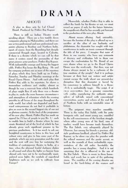 Acharekar, M.R. (Essayist). Drama - Ahooti. In Marg. 3(4), pp. 75-76. Bombay: Modern Artists and Architects Research Group, November 1949 | Essay | CinemaEducation | 00668780, 1949