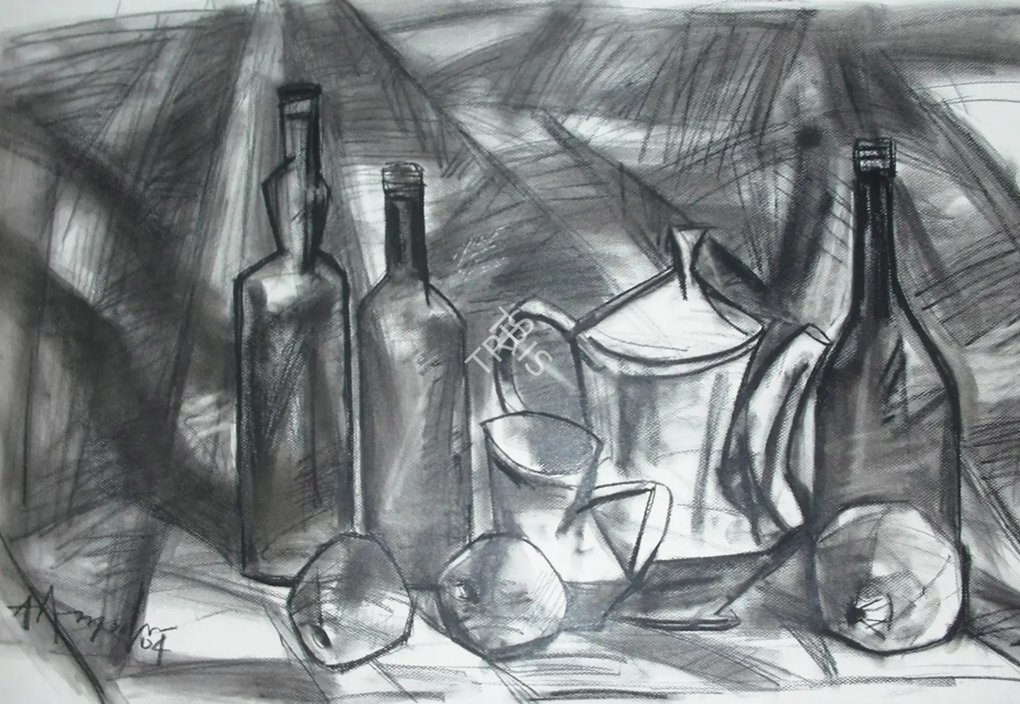 Adimoolam, K.M. (Artist). Jugs, Bottles And Fruits - I, 2004 | Drawing