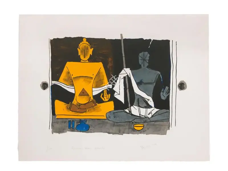 Husain, M.F. (Artist). Buddha and Gandhi, n.d. | Painting
