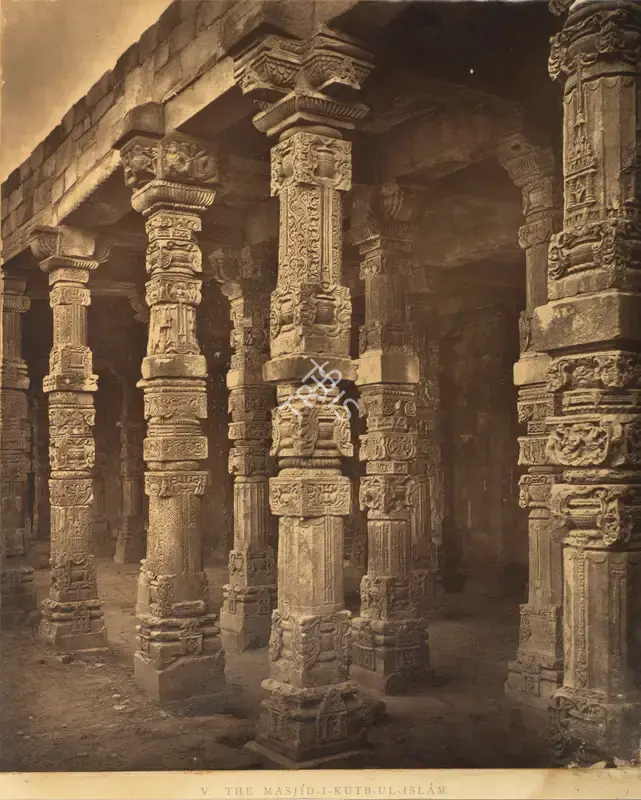 Shepherd, Charles (Photographer). The Masjid-i-Kutb-ul-Islam, Pillars in the East Colonnade of the Mosque. Albumen print pasted on mount, c.1870 | Antiquarian Photograph | Photography | 00114994