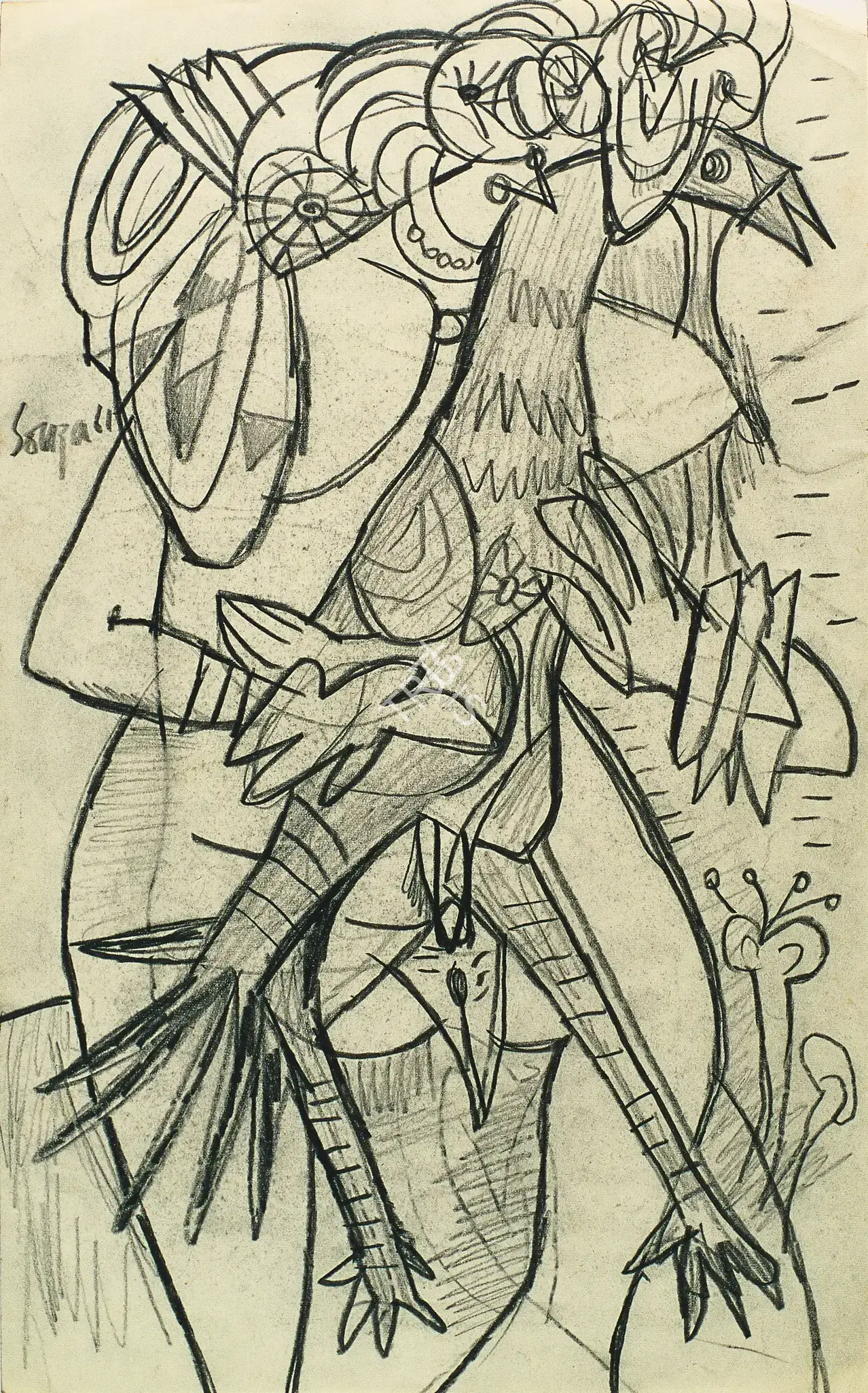 Souza, F.N. (Artist). Woman With Cock, 1961 | Drawing