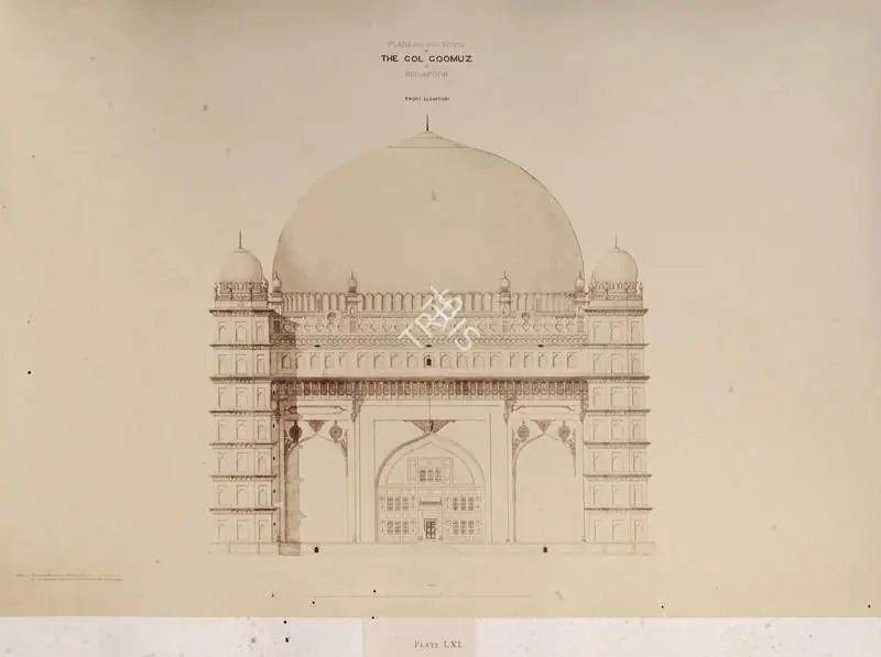 Unknown (Photographer). Plans and Sections of The Gol Goomuz at Beejapoor. Front Elevation - From the album "Architecture at Beejapoore. An Ancient Mohammedan Capital in the Bombay Presidency Published by John Murray. London 1866. Photographs by Dr. William Henry Pigou, Dr. Andrew c.Neill and Col. Thomas Biggs with an historical and descriptive memoir by Colonel Meadows Taylor and  architectural notes by James Fergusson". Albumen print pasted on mount, c.1850 | Antiquarian Photograph | Photography | 00115029