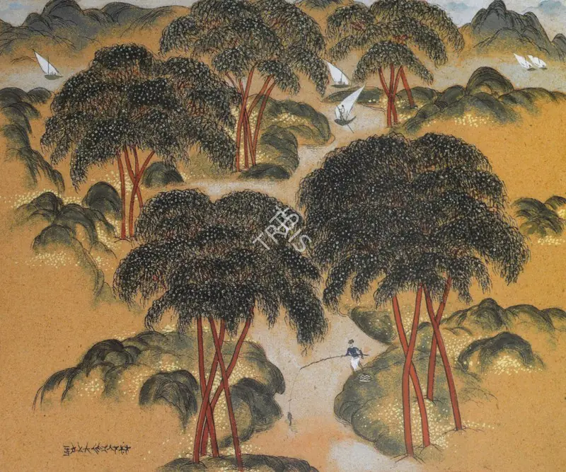 Almelkar, A.A. (Artist). Landscape. Pen and ink and watercolour, heightened with white, on card, 1957 | Painting | FineArts | 00898838