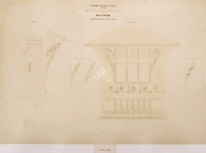 Unknown (Photographer). Plan and Sections of the Mehturee Mahal at Beejapoor - From the album "Architecture at Beejapoore. An Ancient Mohammedan Capital in the Bombay Presidency Published by John Murray. London 1866. Photographs by Dr. William Henry Pigou, Dr. Andrew c.Neill and Col. Thomas Biggs with an historical and descriptive memoir by Colonel Meadows Taylor and  architectural notes by James Fergusson". Albumen print pasted on mount, c.1850 | Antiquarian Photograph | Photography | 00115024