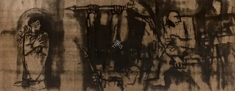 Biswas, Nikhil (Artist). Clown Series. Ink on paper pasted on cloth, n.d. | Painting | FineArts | 00357405