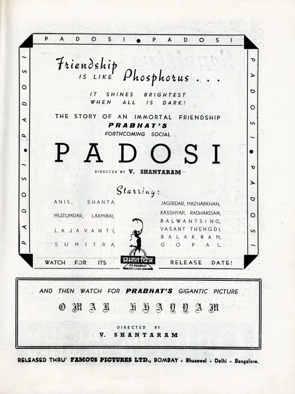 Shantaram, V. (Director), Padosi, 1941 | Advertisement, Filmindia, November 1940 | CinemaEducation | 00858427